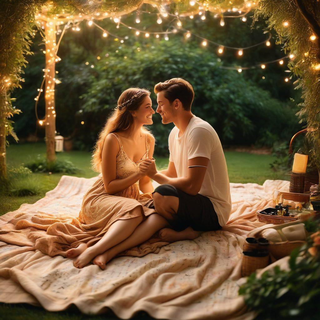 A heartwarming scene of a couple sitting together on a cozy picnic blanket, surrounded by lush greenery and twinkling fairy lights. They are engaged in a deep conversation, with a beautiful sunset casting a golden hue over them. A backdrop of handwritten love quotes scattered in a dreamy fashion enhances the romantic vibe. Super-realistic. Warm tones. Soft focus.
