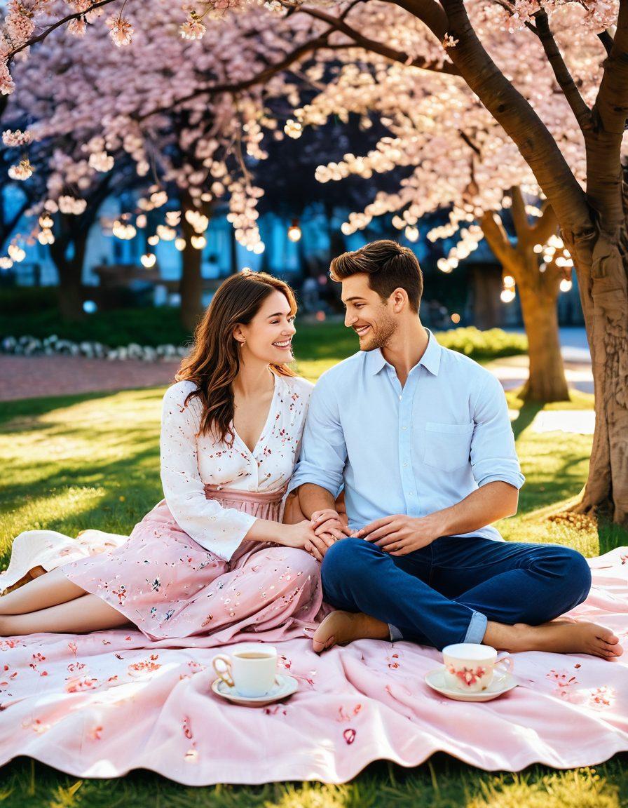 A warm, cozy scene of a couple sitting together on a picnic blanket under a blooming cherry blossom tree, exchanging genuine smiles and heartfelt words. Surround this with subtle symbols of love like floating hearts and glowing lights, capturing the essence of connection and companionship. The color palette should evoke warmth with pastel hues and soft, inviting tones. super-realistic. vibrant colors. tranquil atmosphere.
